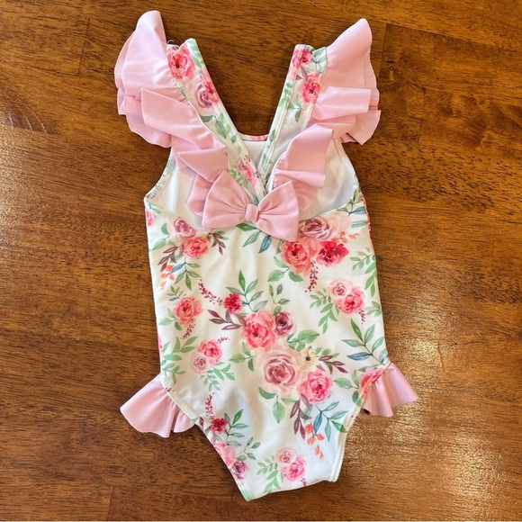 The Smocking Place pink floral ruffle trim one piece swimsuit size 2 - Picture 2 of 4